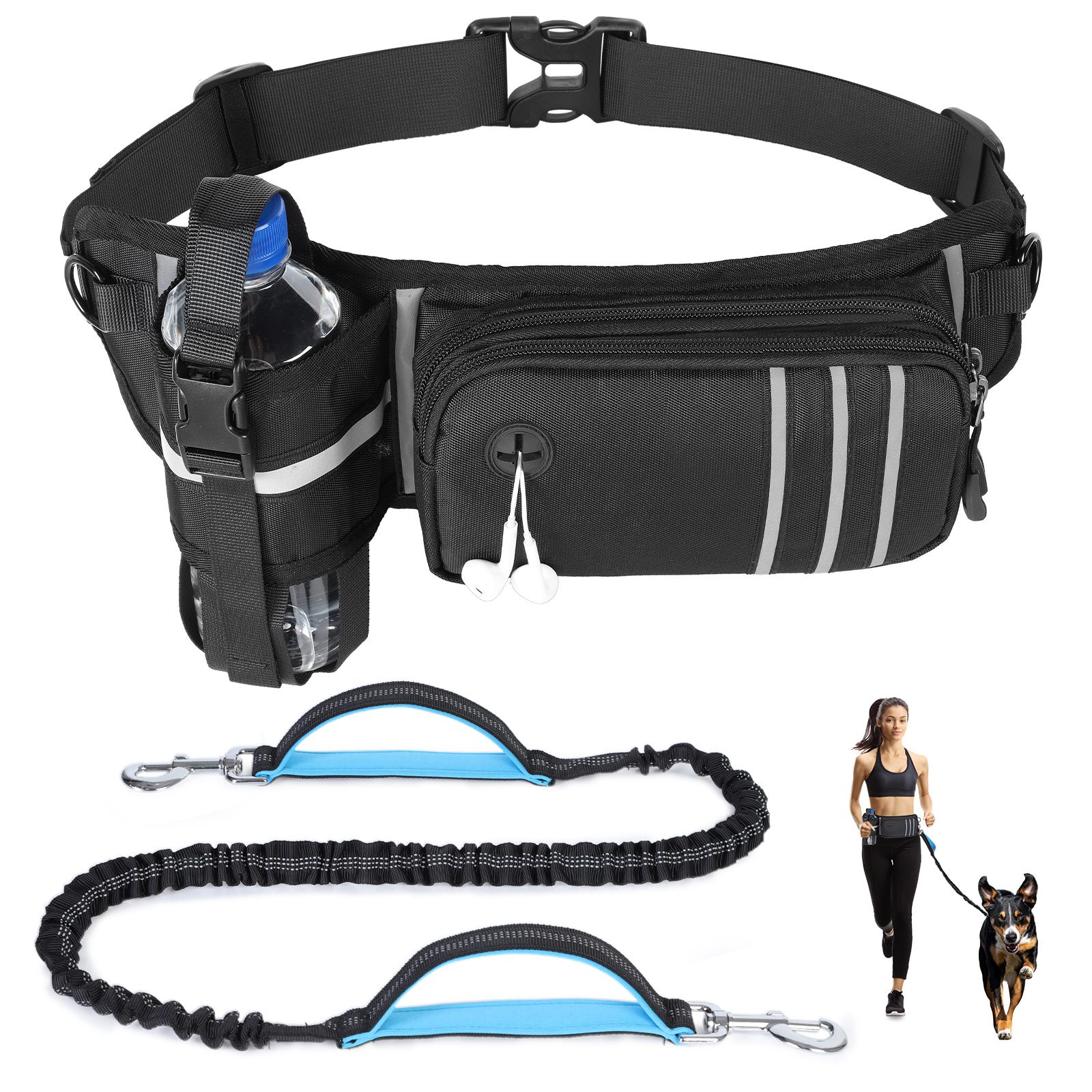 Running and Hiking Bundle and No Pull Dog Harness with Removable Belt Pouches 2 Items: Hands Free Dog Leash Large for Walking 
