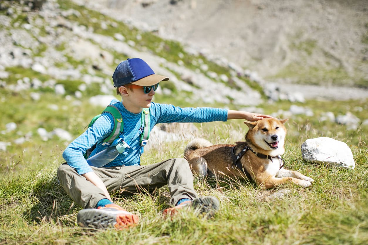 A young boy in outdoor clothes and a cap sits on grass in a mountain area, smiling and petting a happy brown dog beside him—a perfect moment in one of the many dog friendly national parks, with rocky terrain and greenery in the background.