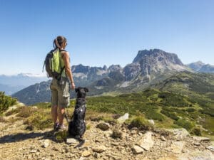 A person with a green backpack stands on a rocky trail, hiking with your dog, as they overlook a vast mountain landscape under a clear blue sky.