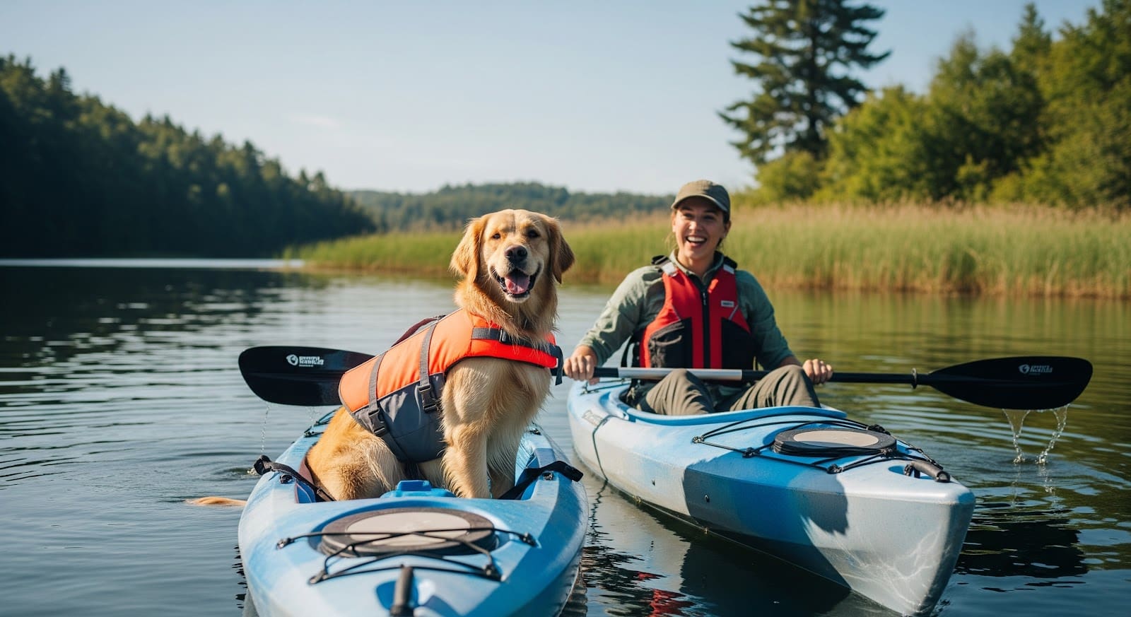 A happy dog in an orange life jacket sits in a blue kayak on a lake next to a smiling person, both enjoying the outdoors. The duo, who often join canicross events together, are surrounded by water, green trees, and reeds under a clear sky.