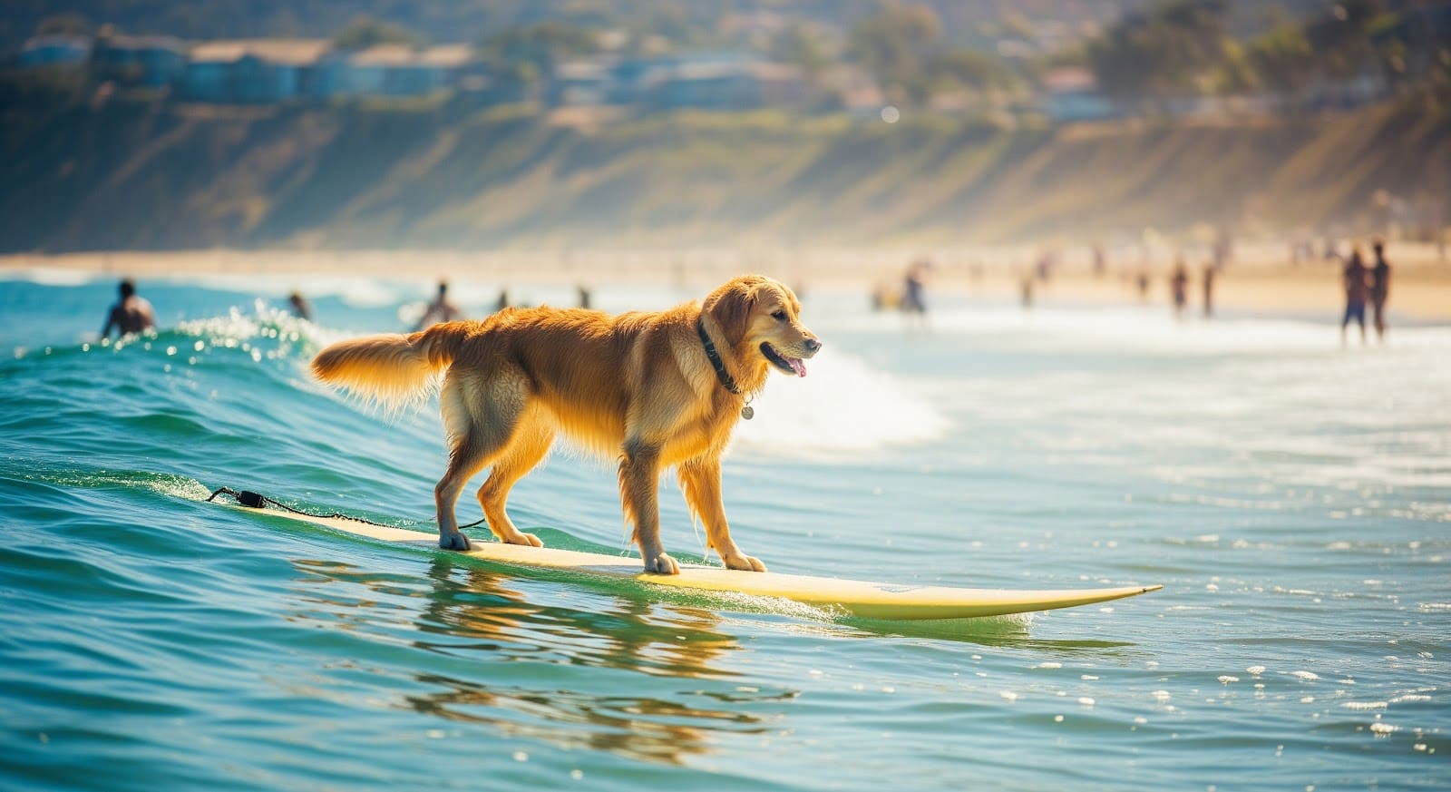 A golden retriever stands on a yellow surfboard, riding a wave near a beach—proof that can dogs learn to surf isn’t just a question, but a reality. People and blurred houses are visible in the background under a sunny sky.
