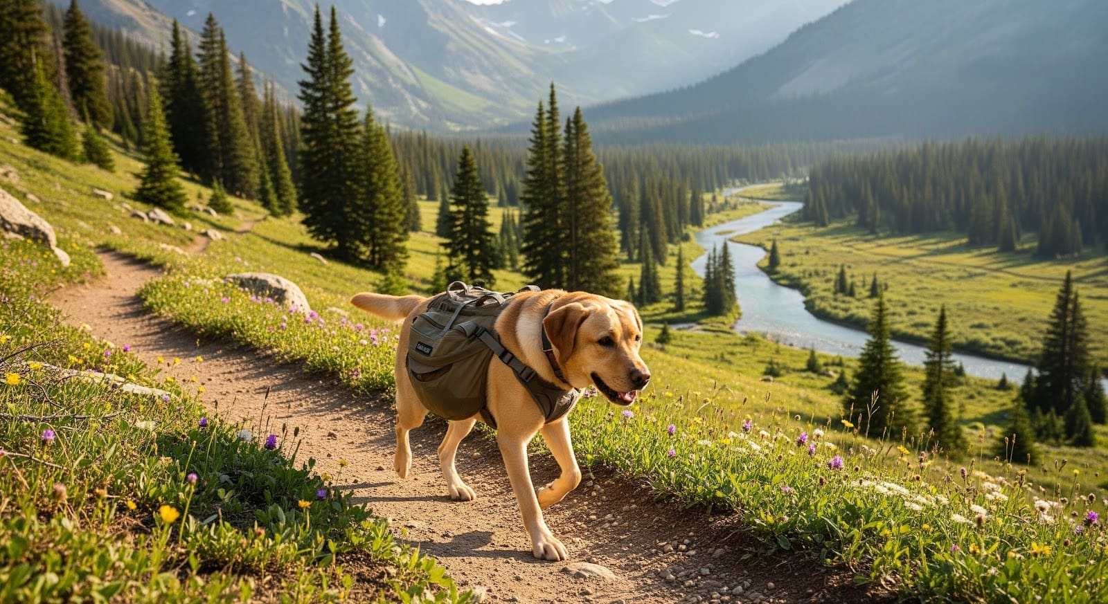 A yellow lab wearing a backpack walks along a dirt hiking trail surrounded by wildflowers, pine trees, and mountains, with a winding river in the scenic valley below—perfect for safe canine hydration on outdoor adventures.