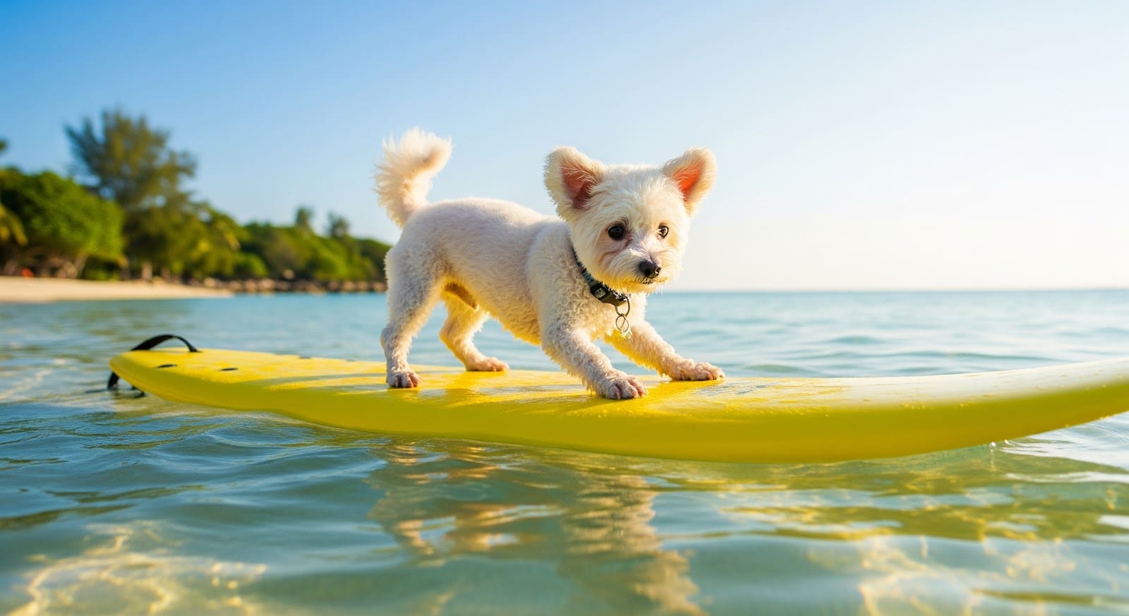 A small white dog stands on a yellow surfboard floating on clear, shallow water near a sunny beach with trees in the background, showing that with training, can dogs learn to surf and enjoy the waves too.