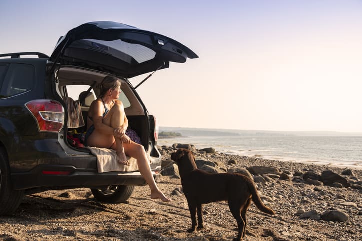A woman sits in the open trunk of a car parked on a rocky beach, looking at the sea. As her dog explores the shore, she keeps an eye out for paw irritation, ready for some gentle post-lake care in the warm sunlight.