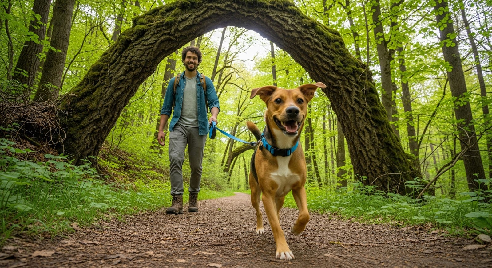 A man walks his happy brown dog on a dirt path through a lush, green forest in one of the dog friendly national parks, passing under a moss-covered, arched tree.