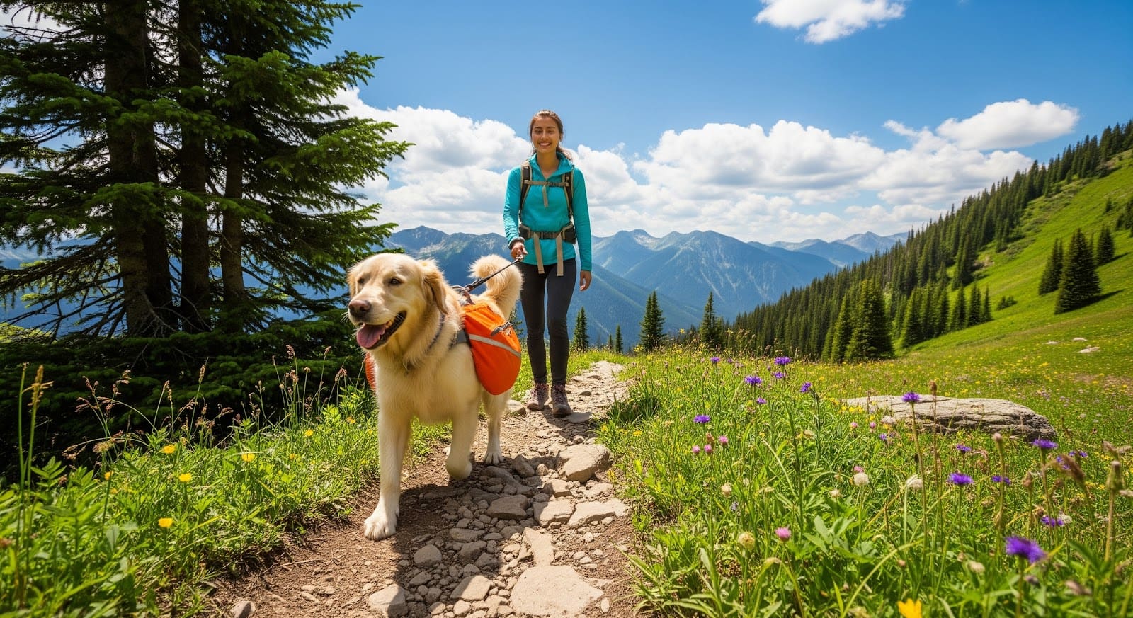 A woman enjoys adventure therapy, hiking along a rocky mountain trail with her golden retriever in an orange backpack, surrounded by green hills, wildflowers, pine trees, and distant mountains under a blue sky with clouds.