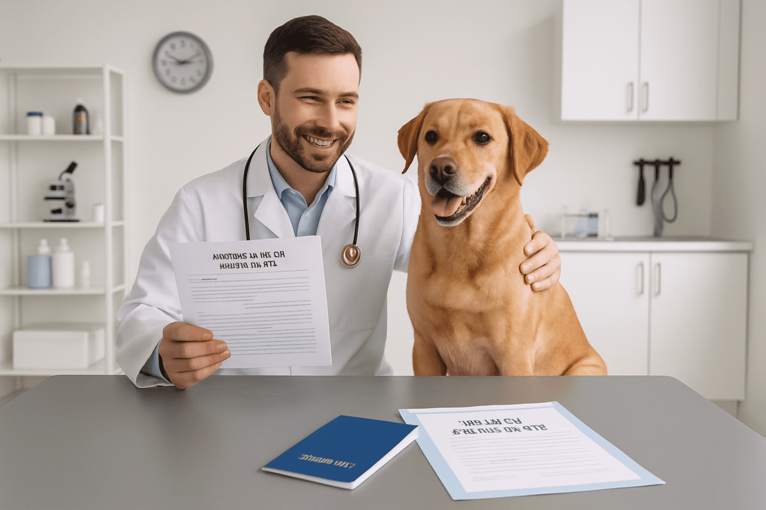 A smiling veterinarian sits next to a happy golden retriever at a desk, holding paperwork. The dog, who loves kayaking with dogs, looks at the camera as more documents and a blue notebook rest on the table in a bright, clean clinic office.