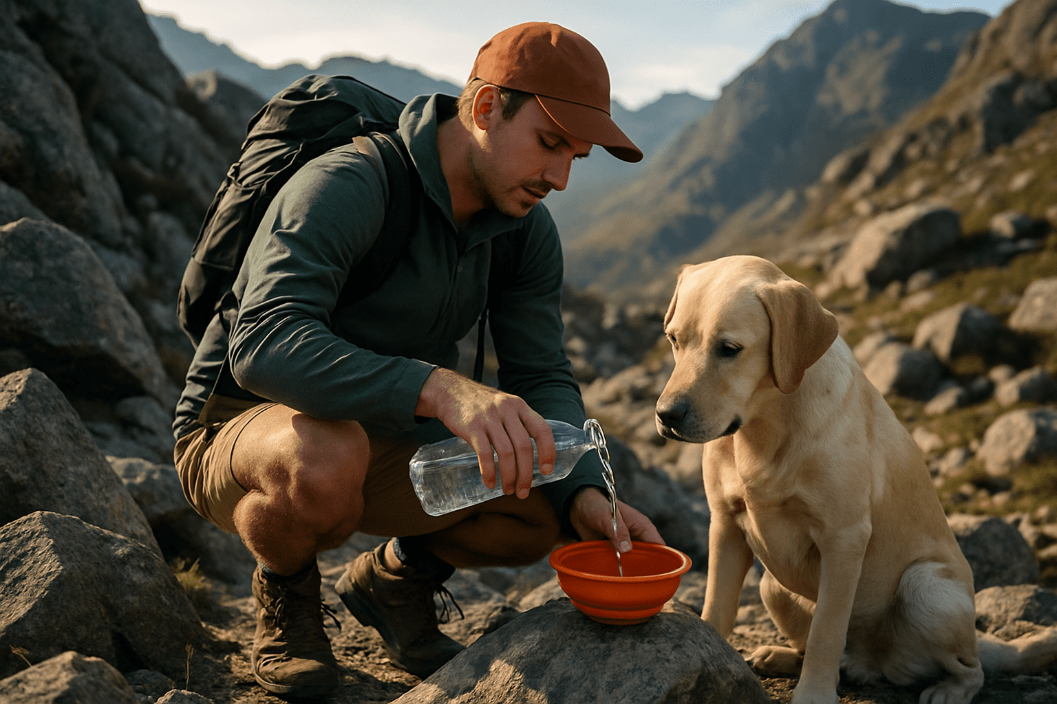 A man in hiking gear practices adventure therapy by pouring water from a bottle into an orange bowl for a yellow Labrador sitting beside him on rocky terrain, with mountains in the background.