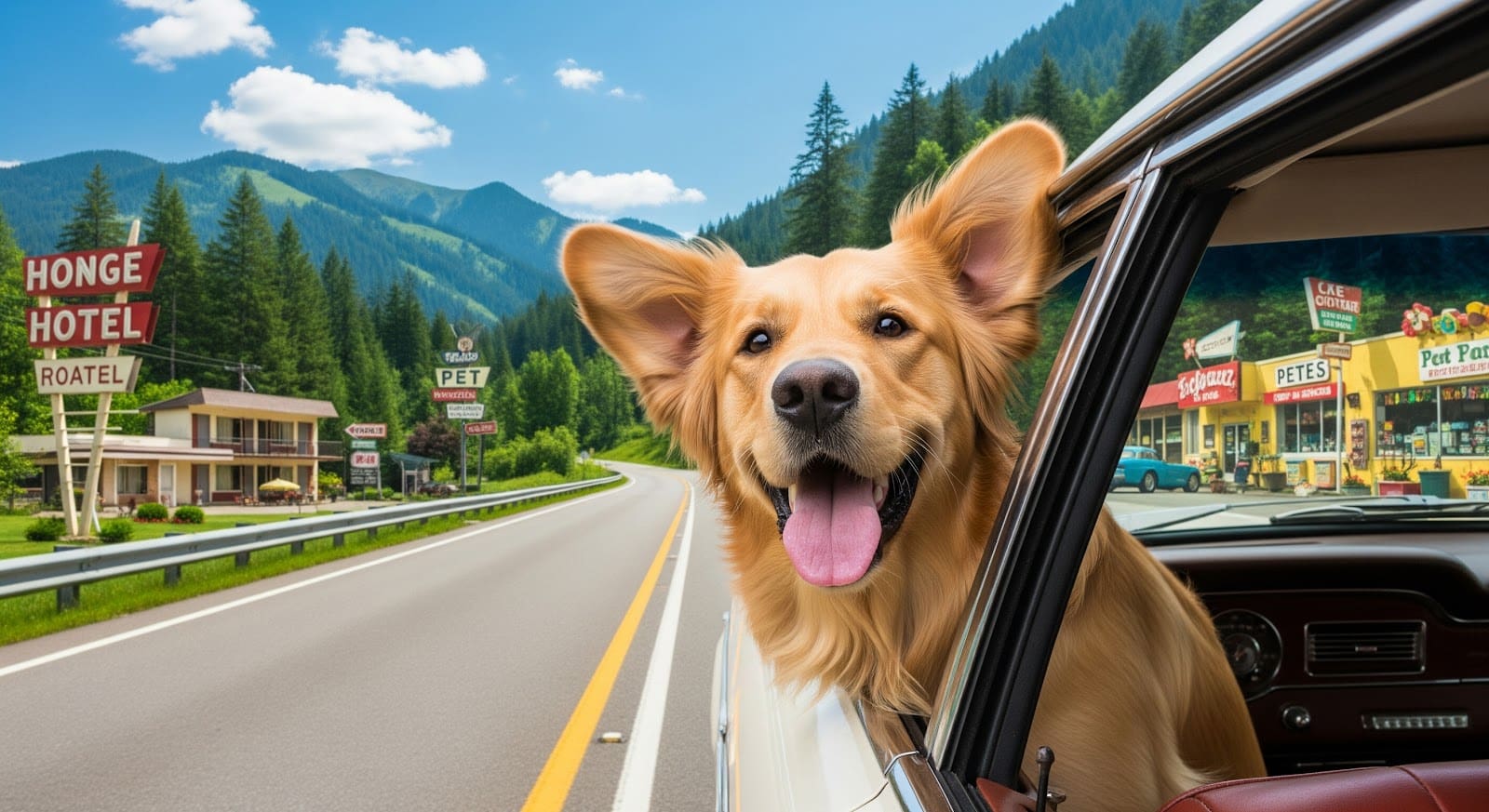 A happy golden retriever with its head out the car window, ears flapping and tongue out, enjoys a scenic mountain drive—perfect for adventure-loving pups when dog paw care is just as important after exploring forests and vintage motels along the way.