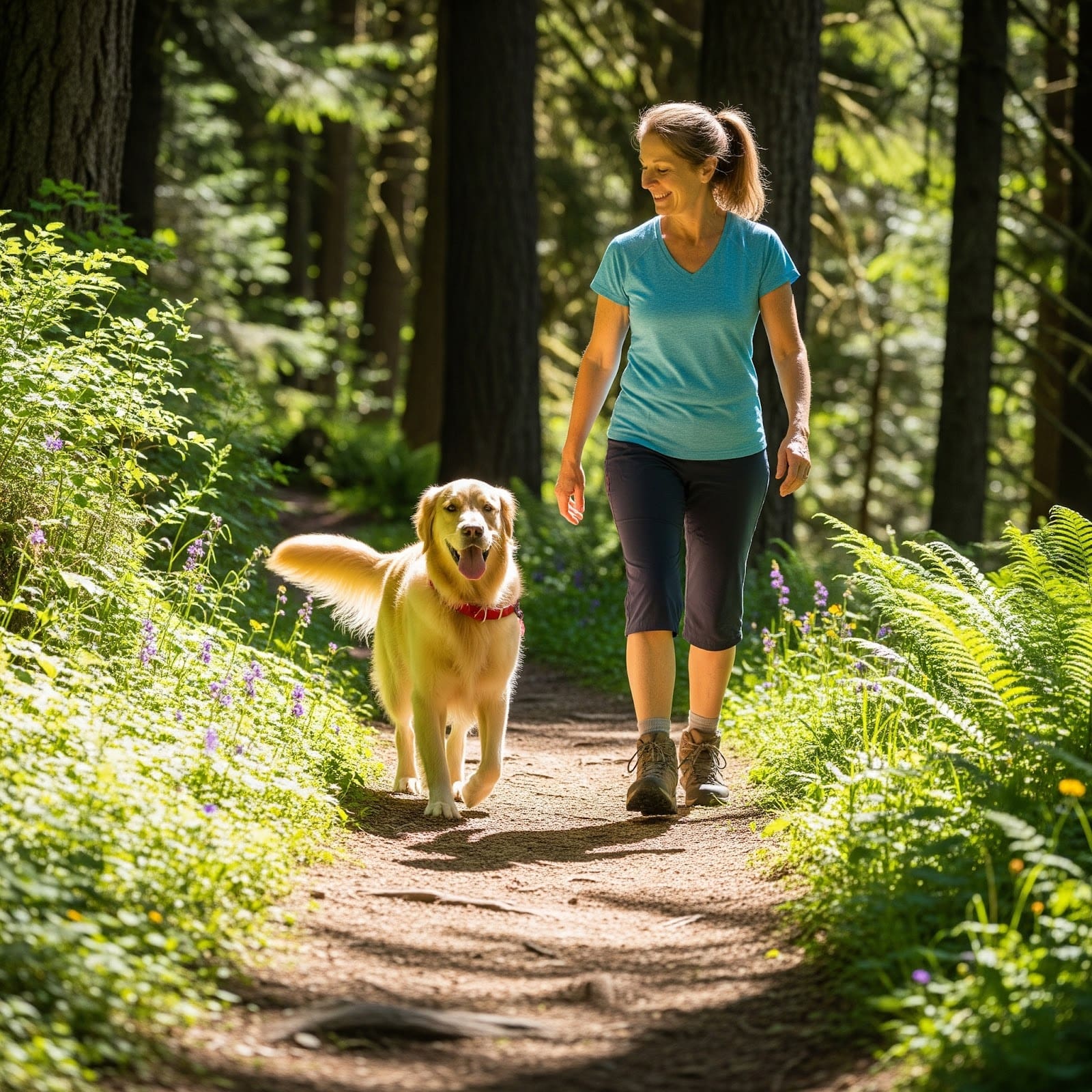 A woman in a blue shirt and dark pants walks with a golden retriever along a sunlit trail in one of the dog friendly national parks, surrounded by lush green plants and tall trees.