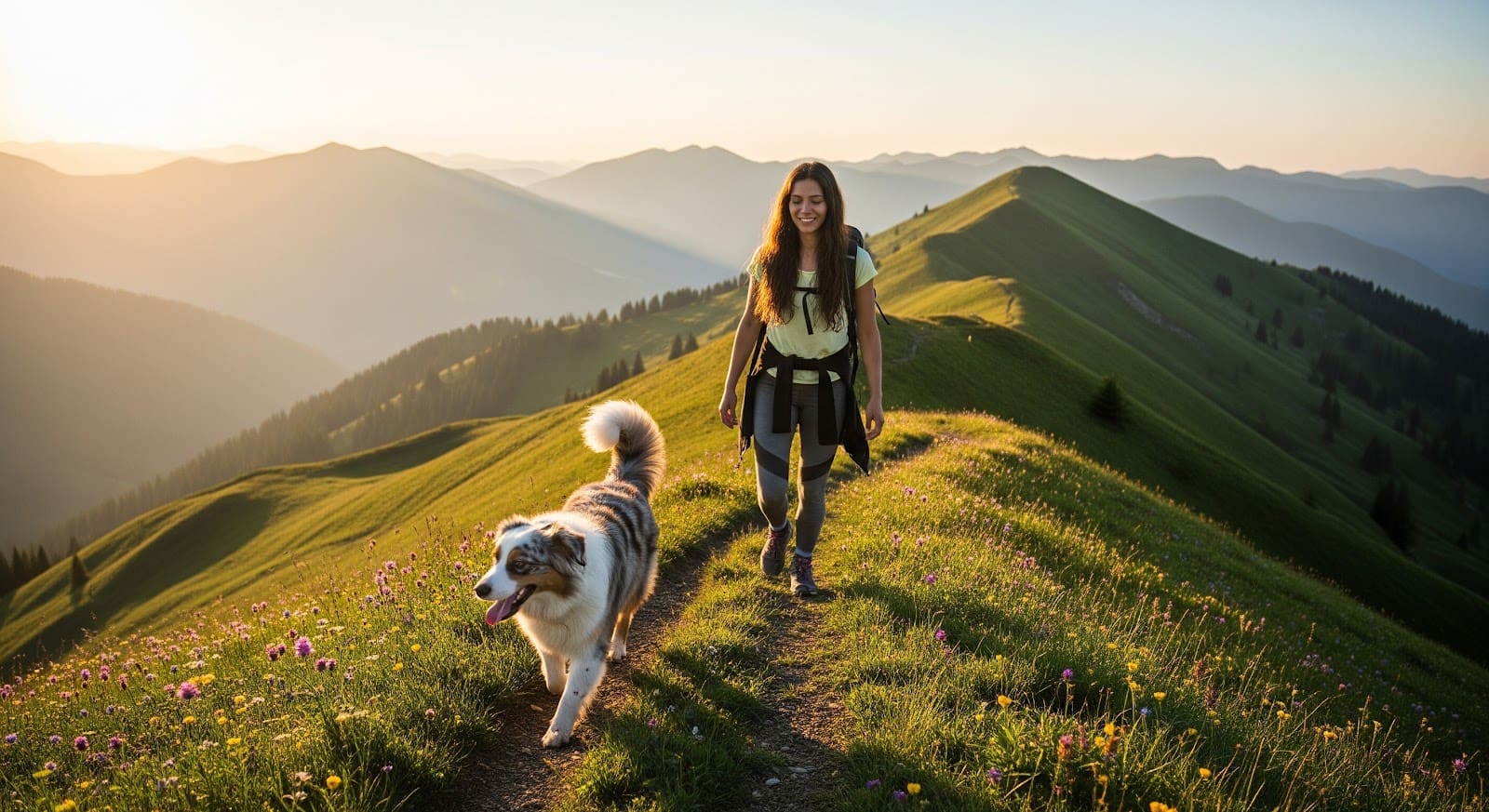 A woman hikes along a mountain ridge at sunrise, smiling as she walks behind a fluffy dog. Wildflowers bloom along the trail, reminding her of past air travel with pets and the importance of knowing airline pet policies for adventures together.