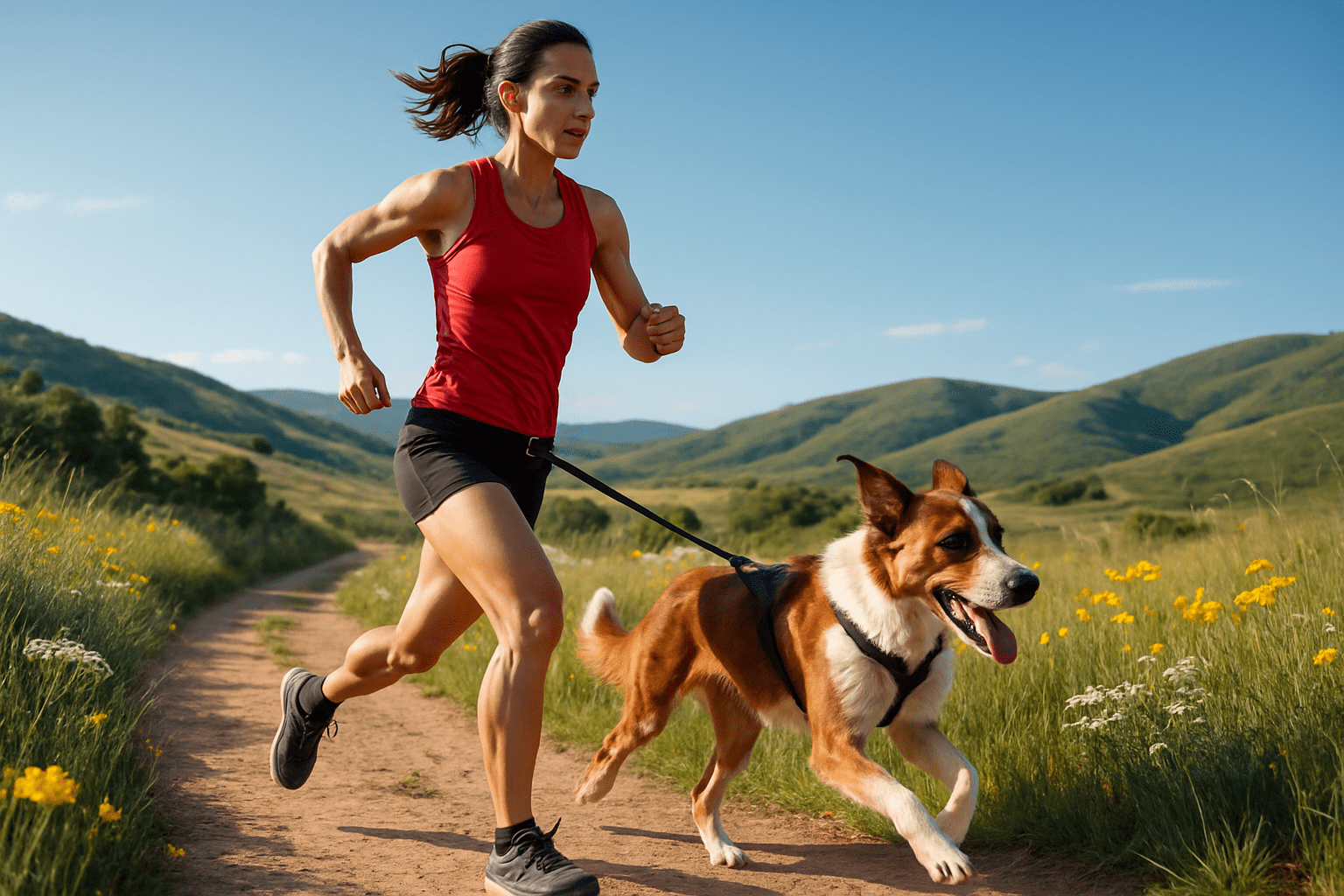 A woman in a red tank top and black shorts runs along a dog-friendly trail through a grassy field, holding a leash attached to a large, energetic dog. Wildflowers and green hills are visible under the clear blue sky.
