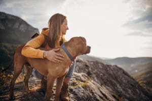 A woman in a yellow hoodie sits on a rocky mountain ledge, smiling and hugging her brown dog in a pet carrier as they enjoy stunning valley views—showcasing the joy of pet travel safety under a bright, partly cloudy sky.