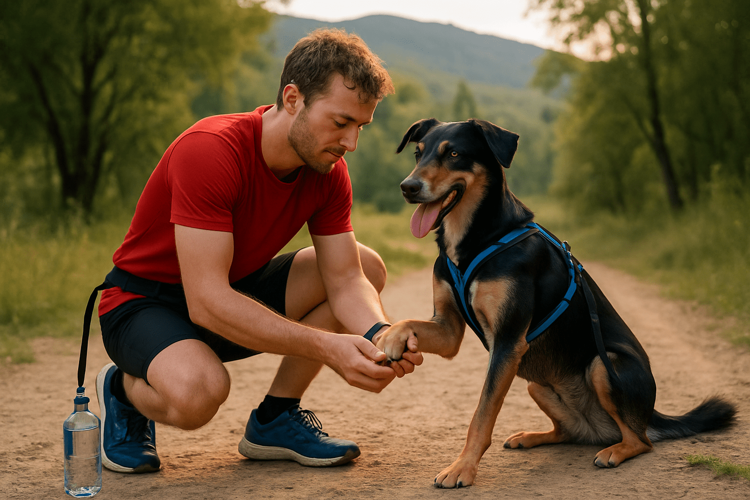 A man in athletic wear kneels on a dirt path in a wooded area, gently holding the paw of a happy black and brown dog wearing a harness—a perfect moment from dog-friendly hiking in national parks. A water bottle rests on the ground beside them.