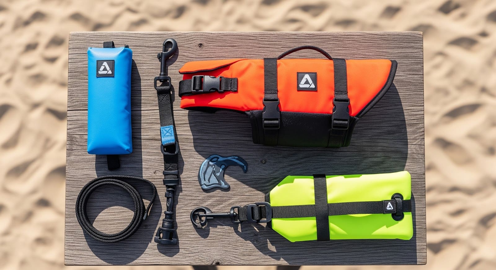 A wooden table on sand displays colorful outdoor gear—perfect for adventures like seeing if can dogs learn to surf: a blue pouch, black strap, carabiner, plastic clip, and orange and neon yellow roll-top bags with black buckles in sunlight.