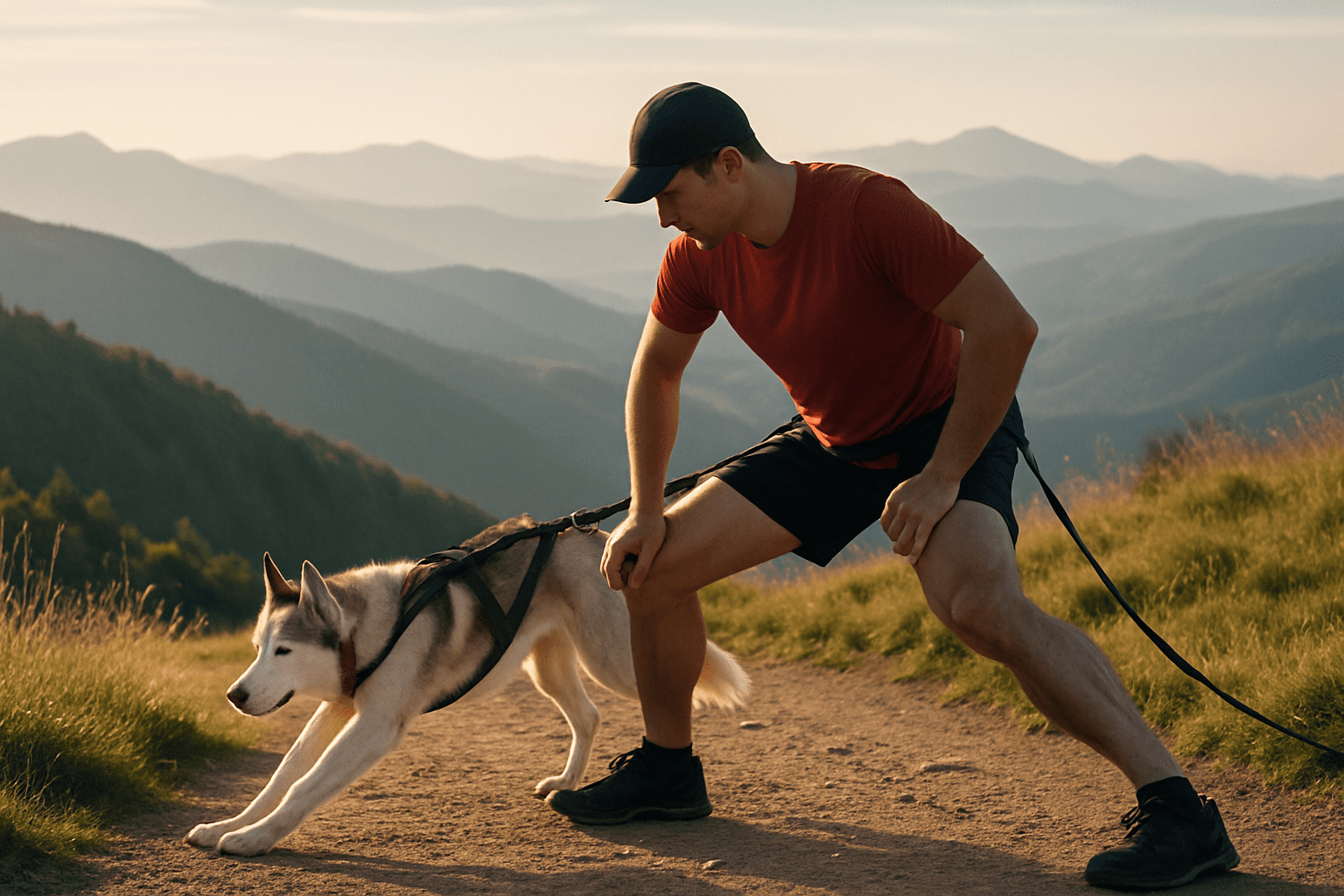 A man in athletic clothes stretches on a mountain trail, holding the leash of a Siberian Husky eager for adventure. Rolling hills and a hazy sunrise create the perfect dog-friendly hiking scene for any hiking bucket list.