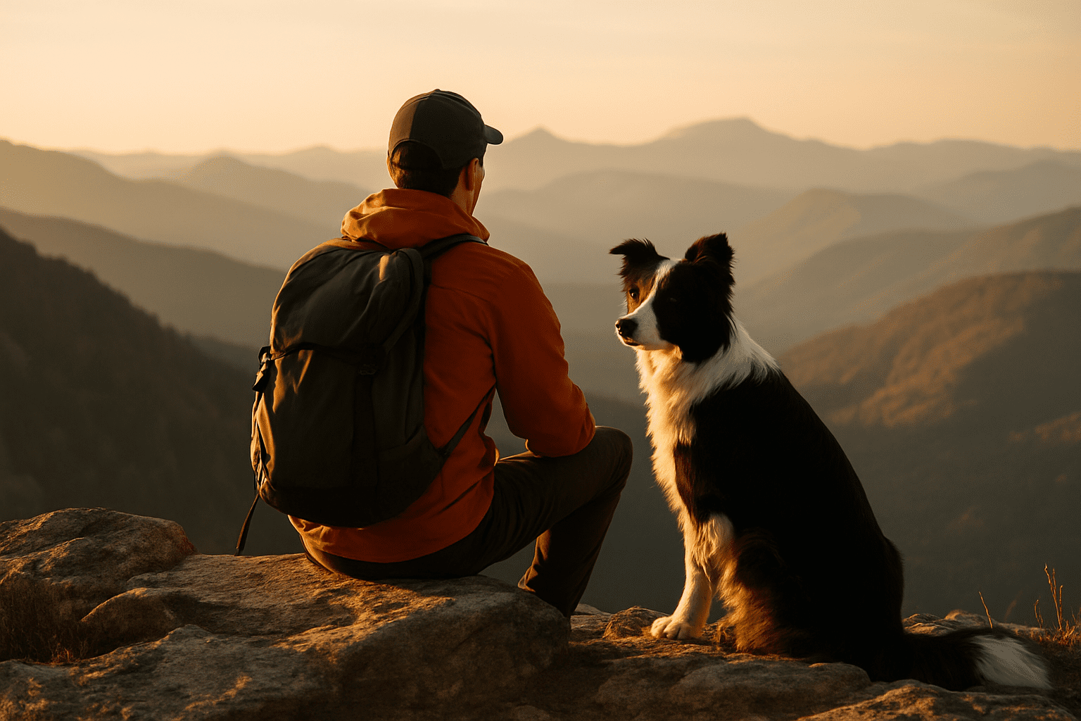 A person in an orange jacket and backpack sits on a rocky ledge beside a black and white dog, overlooking a mountain landscape at sunset—a perfect moment of adventure therapy during a hiking & camping journey.