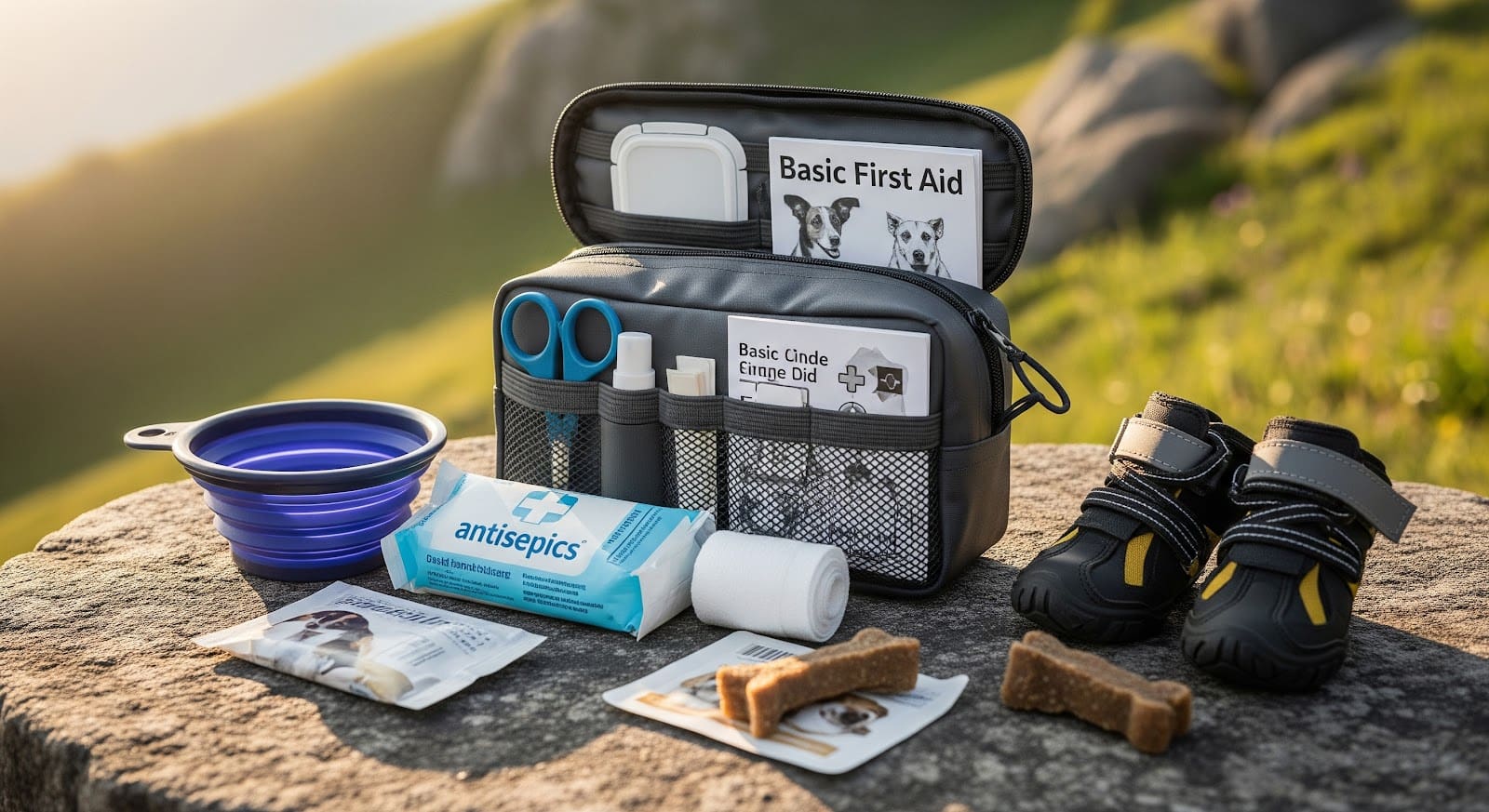 A pet first aid kit on a rock outdoors, featuring antiseptic wipes, bandages, scissors, a collapsible bowl, dog boots, and treats—perfect for adventures in dog friendly national parks—with first aid guide booklets visible inside the open kit.