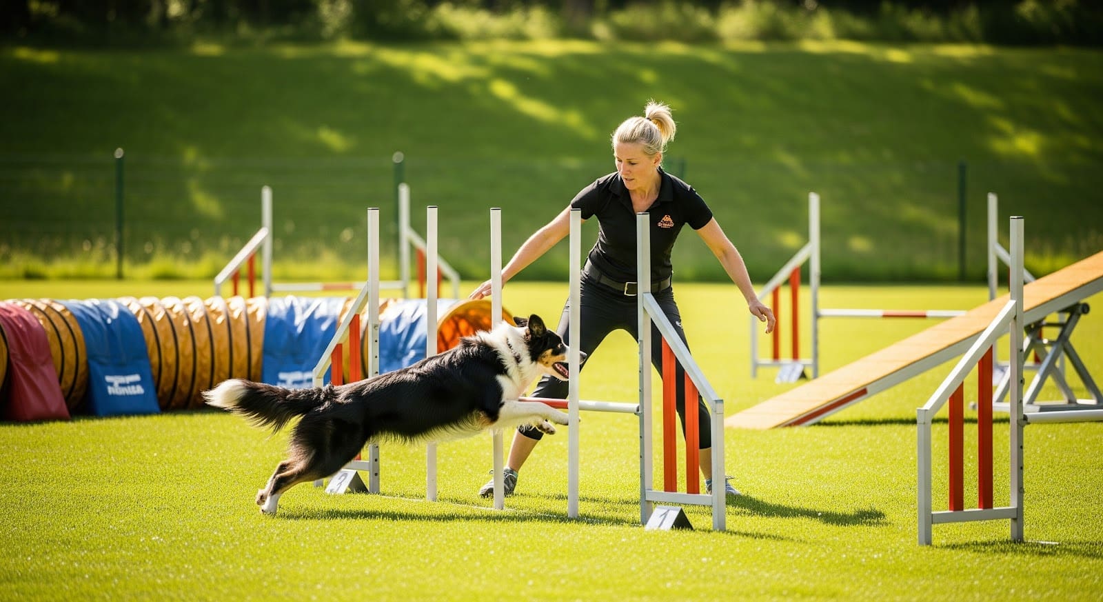 A woman guides a Border Collie through an outdoor agility course, showcasing the excitement of traveling with dogs as her companion leaps over a hurdle on a grassy field dotted with various agility obstacles.
