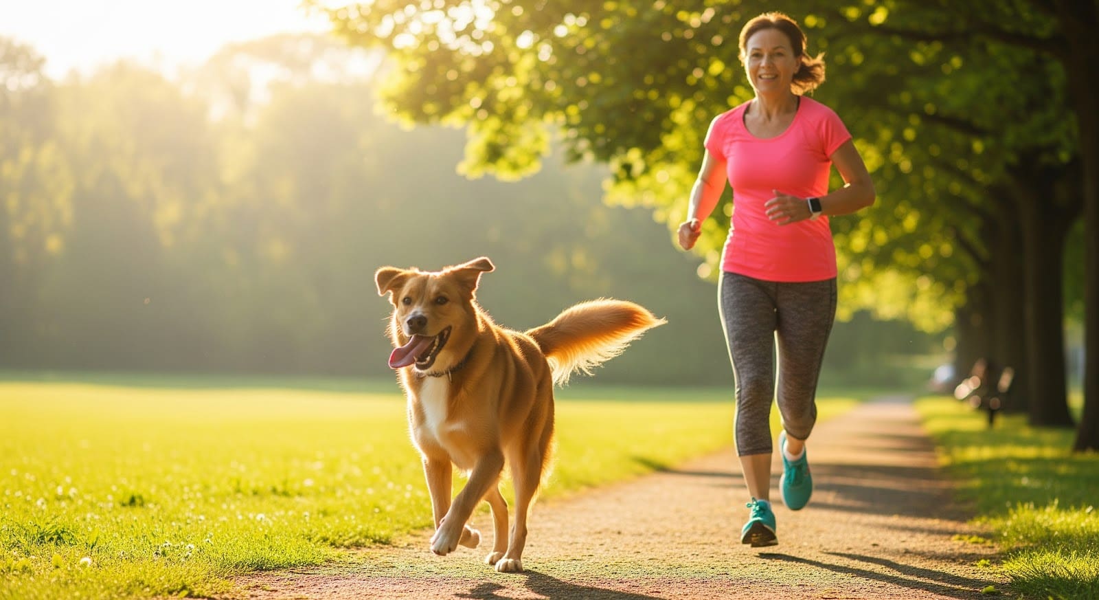 A woman in a pink shirt and gray leggings jogs on a sunny park path, smiling as her brown dog runs happily beside her with a dog travel bag. Green grass and trees line the path under a bright, clear sky.