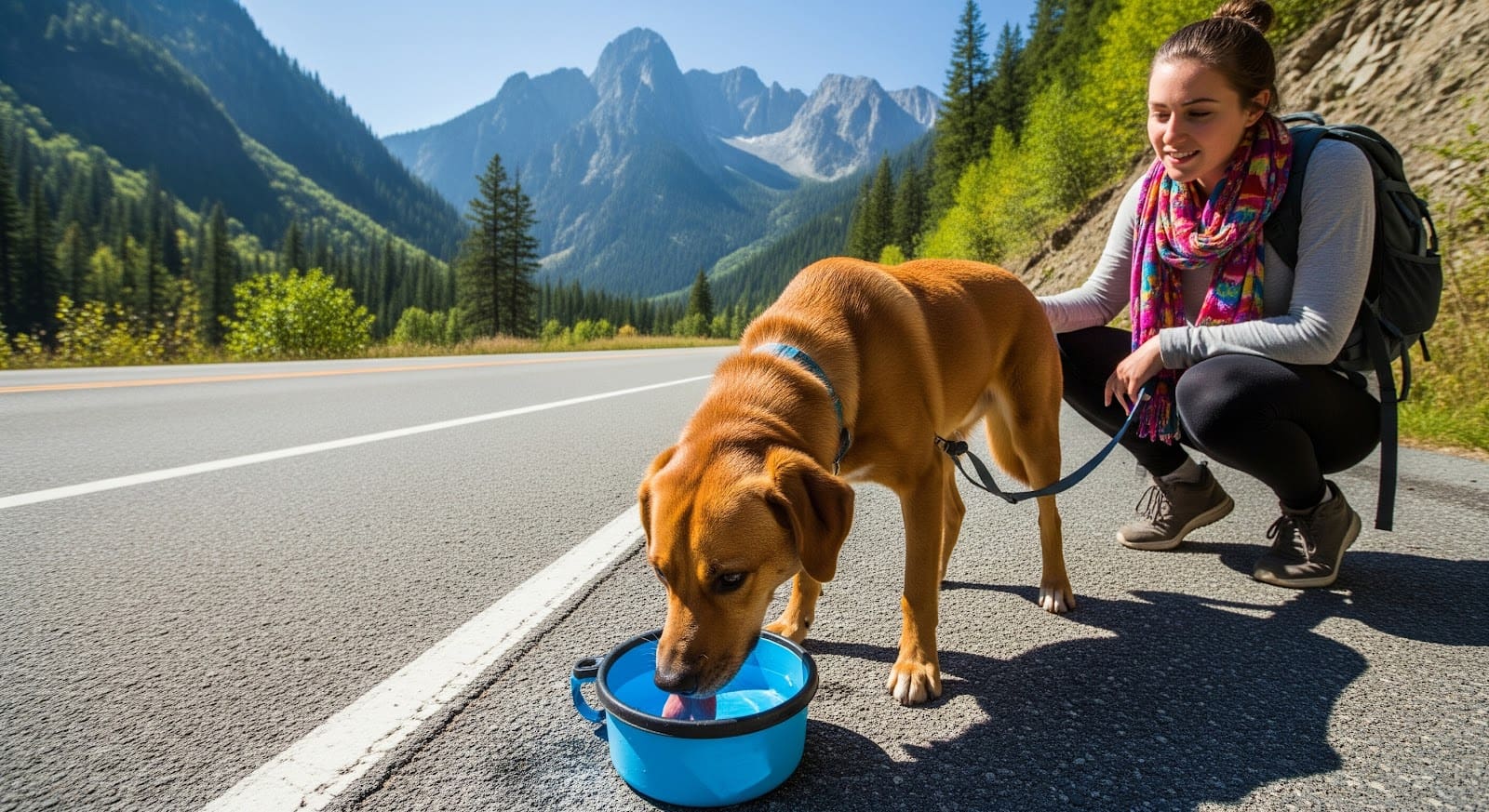 A woman kneels beside her brown dog drinking from a blue bowl on the roadside, their Dog travel bag nearby, with mountains and pine trees in the background on a sunny road trip day.