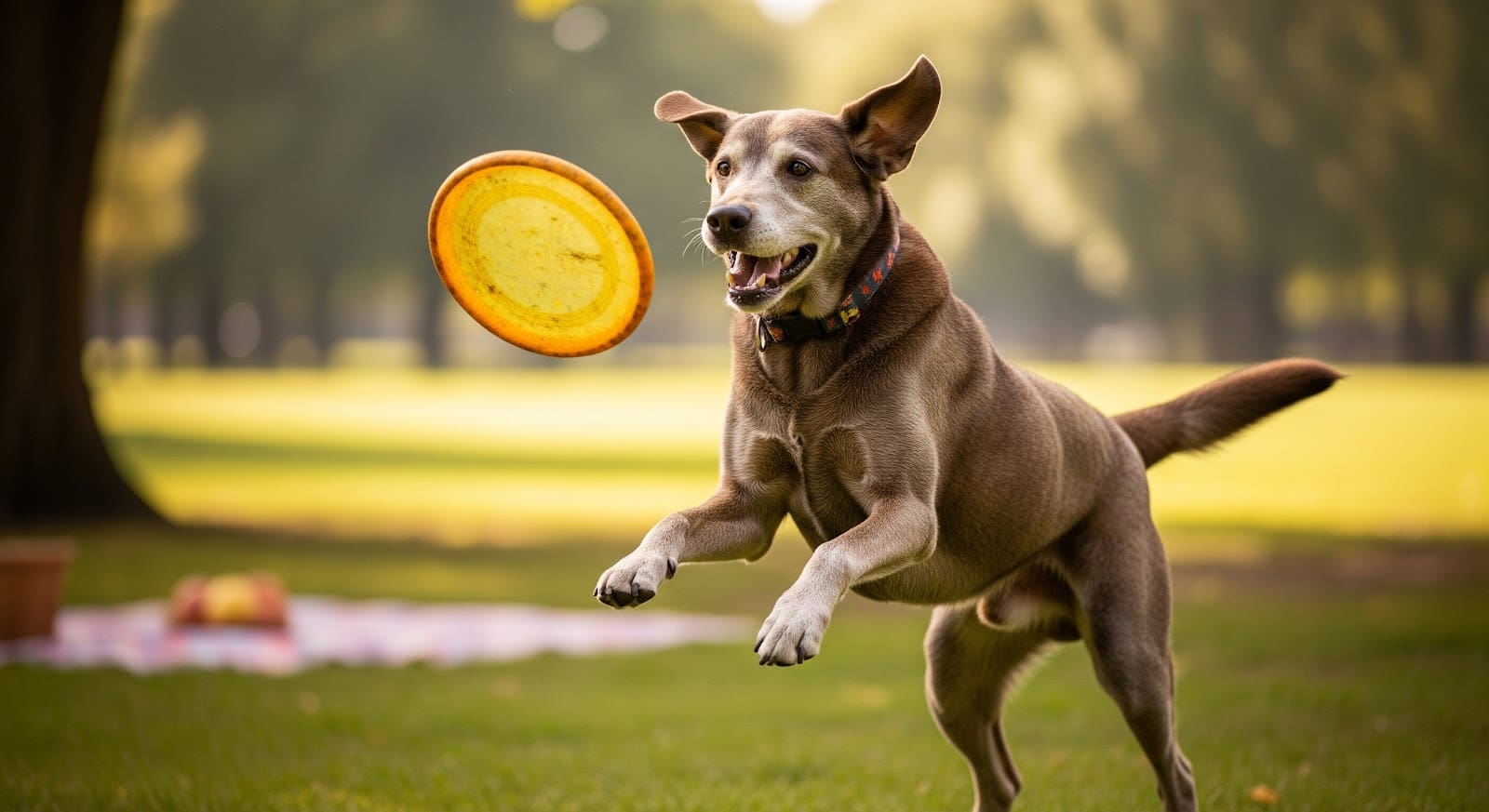 A brown dog leaps excitedly in a grassy park, focused on catching an orange frisbee in mid-air, while a dog travel bag and picnic blanket are blurred in the background.