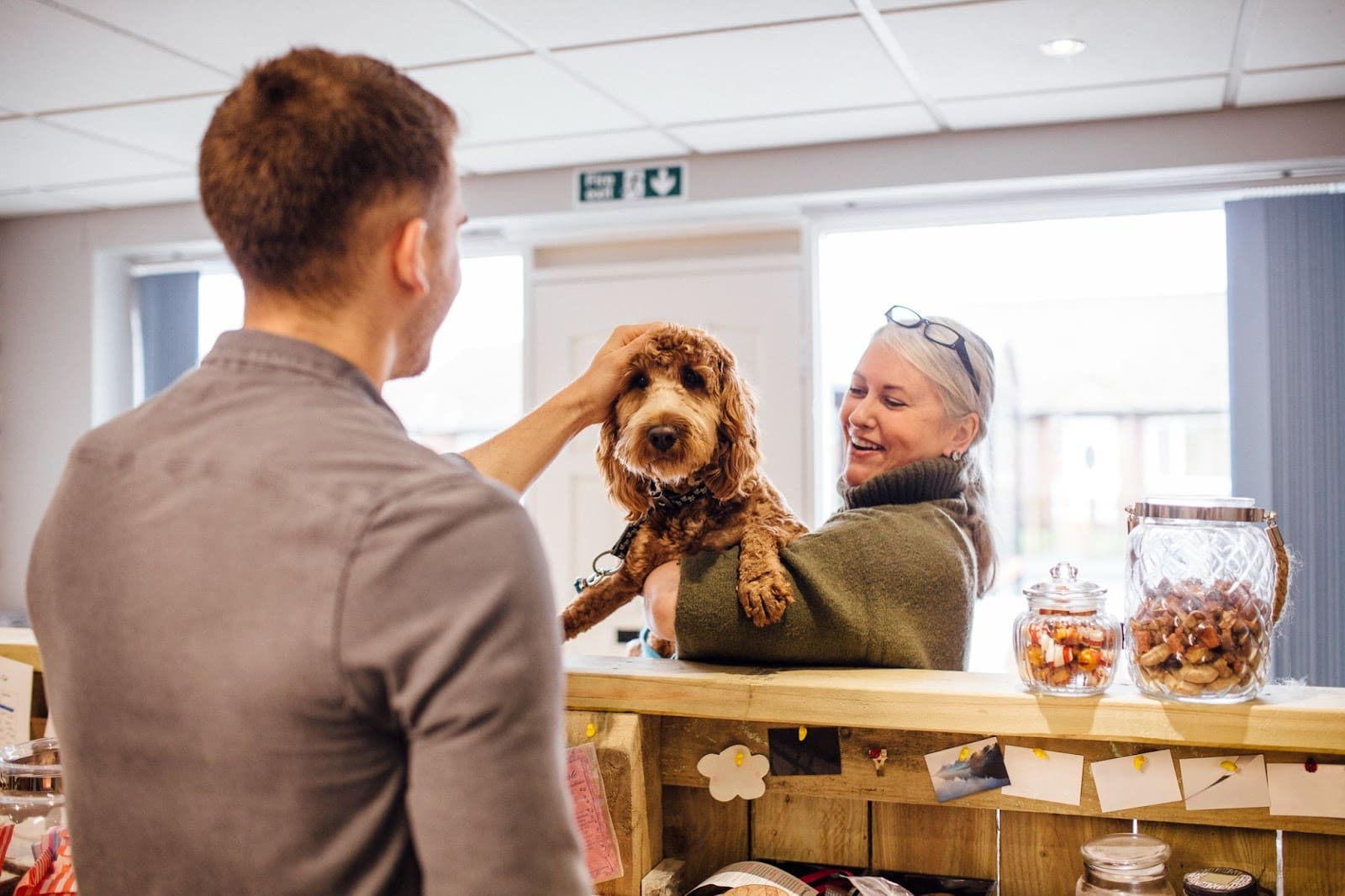 A woman holds a brown dog at a reception desk while a man pets the dog. The friendly, welcoming setting features jars of treats and decorations, perfect for supporting dog health and happiness.