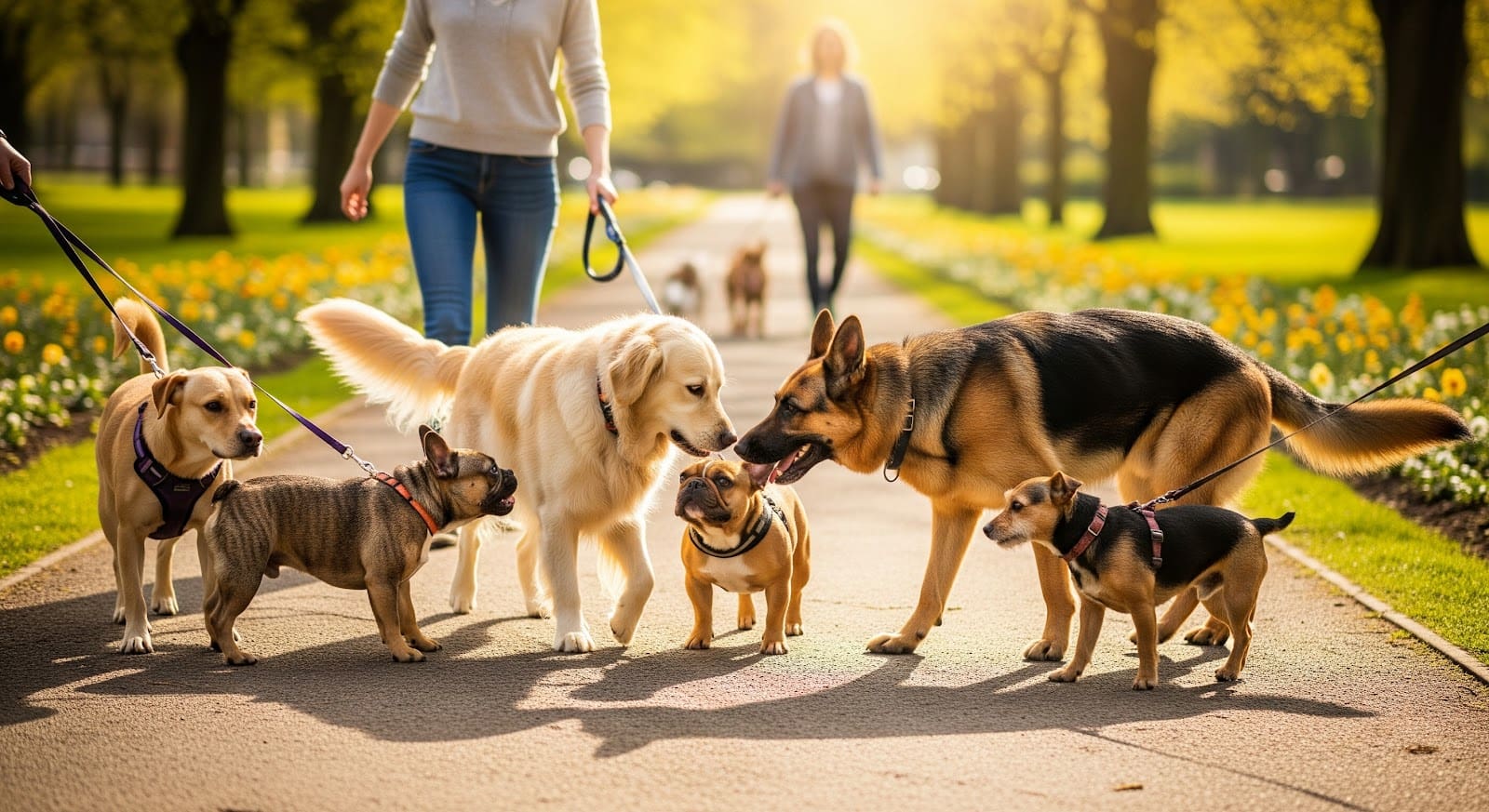 People walking several dogs of various breeds, including a golden retriever and German shepherd, on leashes in a sunny park. A dog travel bag sits nearby, perfect for traveling with dogs amid green grass and yellow flowers in the background.