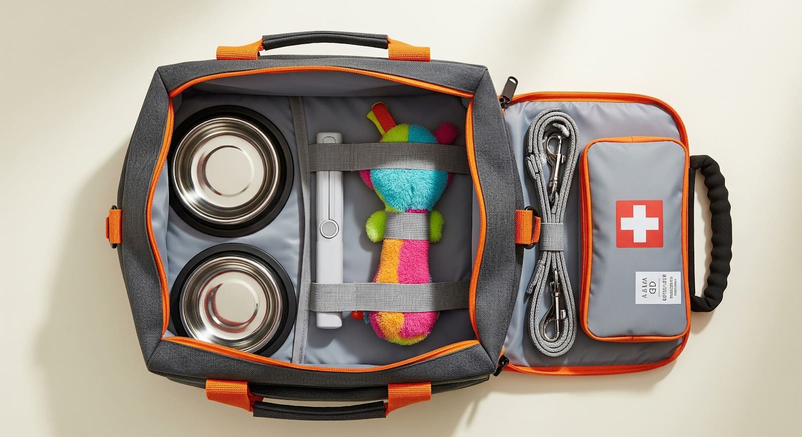An open gray and orange dog travel bag doubles as a pet emergency kit, with two metal bowls, a colorful plush toy, a leash, and first aid supplies neatly packed inside—perfect for road trips or as a handy packing guide.